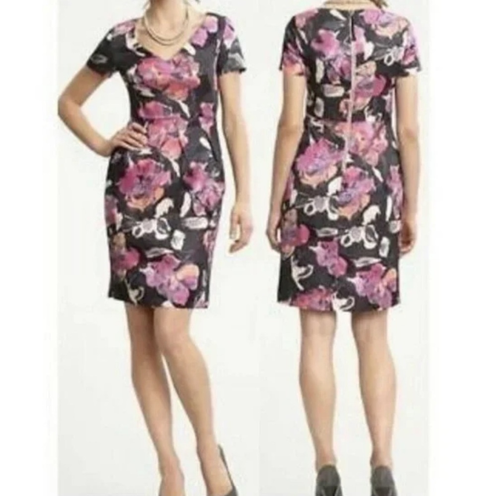 Banana Republic Floral Sheath Dress Short Sleeve V Neck Linen Blend Size 6